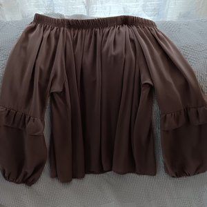 TCEC OFF SHOULDER LIGHT MUSHROOM SILKY LONG SLEEVE TOP